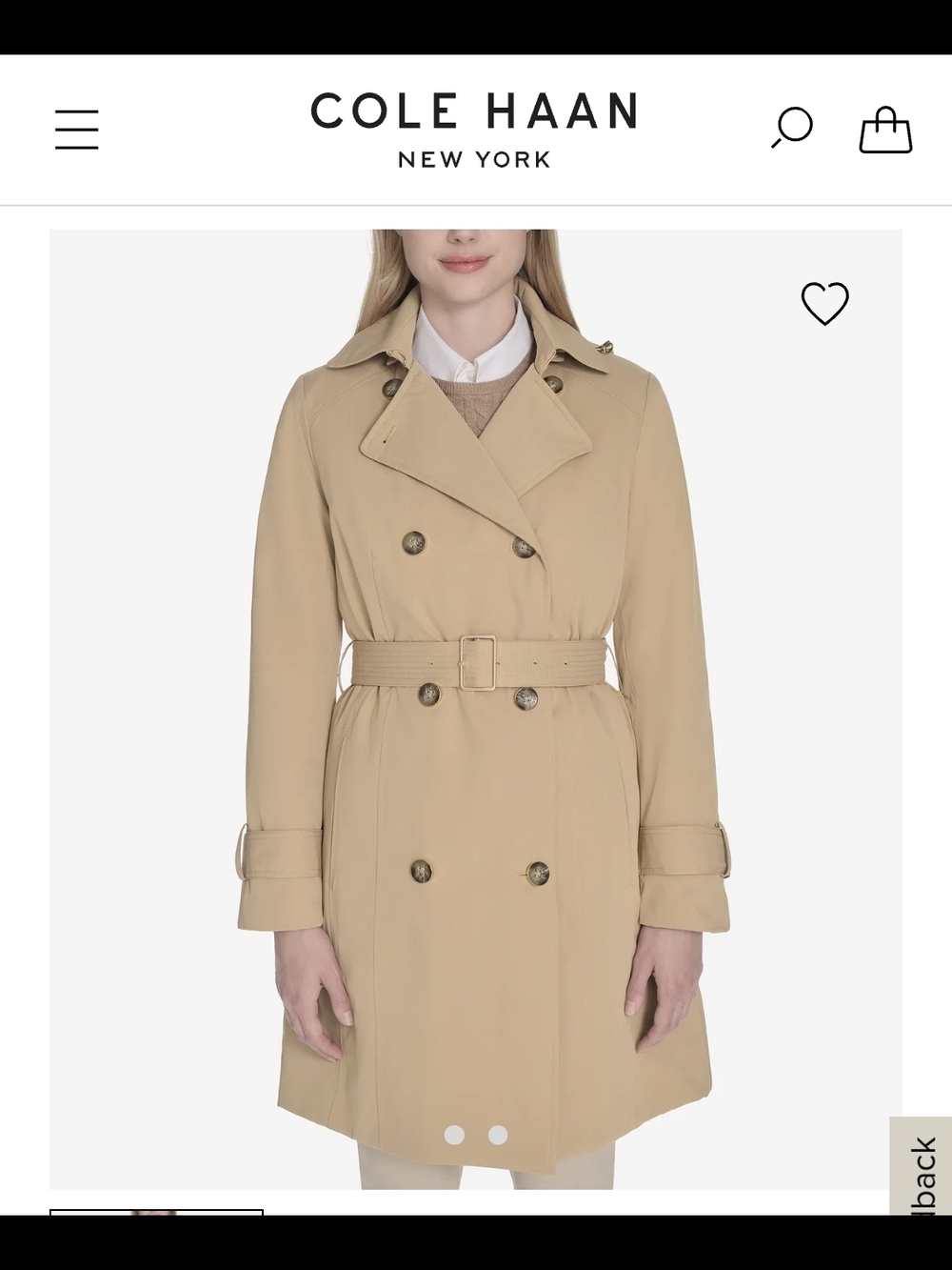 Cole Haan Khaki Double-Breasted Trench with Belt And Detachable Hood